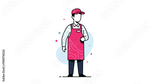 Friendly shop assistant or waiter wearing a pink apron and a matching cap stands ready to serve customers in a store.