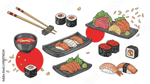 Diverse assortment of fresh sushi, sashimi, and rolls are beautifully arranged on black platters with chopsticks and a bowl of soup.