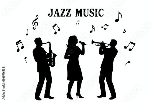 Jazz band silhouette with singer and musicians on white background