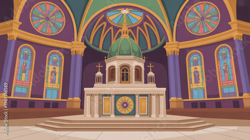 Vibrant church interior with purple walls stained glass windows and ornate altar exuding serenity and spirituality in a religious setting