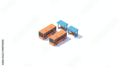 Isometric orange buses at blue bus stop shelter on white background