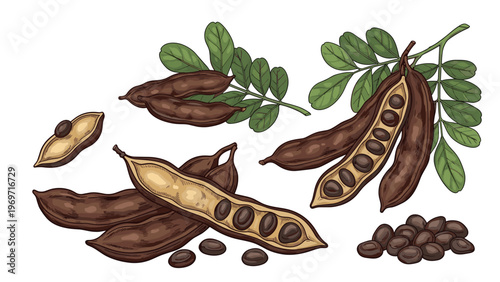 Detailed illustration of carob pods, green leaves, and dark seeds shows the natural source of carob powder and syrup.