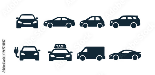 Set of black transportation vehicle silhouettes including sedan, hatchback, SUV, electric car with plug, taxi cab, delivery van, and sports coupe icons