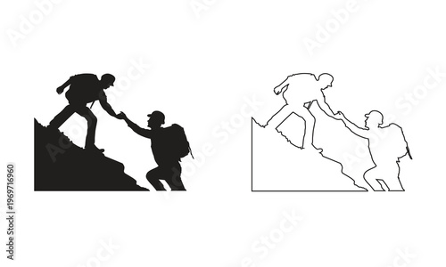 Hikers Helping Each Other Reach Mountain icon. Silhouette illustration of two hikers assisting each other on a mountain peak, symbolizing teamwork, support, trust, and achieving goals together.