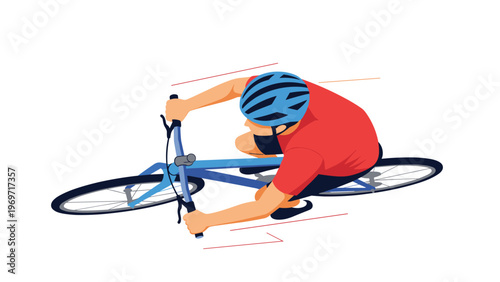 High angle view of a professional cyclist in a red jersey and blue helmet riding a road bike at high speed during a race.