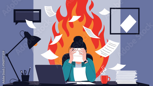 Stressed office worker sits at a desk covered in papers with a large flame behind her, symbolizing extreme burnout and pressure.