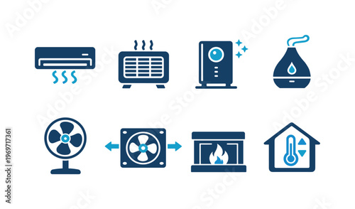 Set of blue icons depicting home climate control and indoor air systems, including air conditioner, heater, humidifier, fan, fireplace, and thermostat