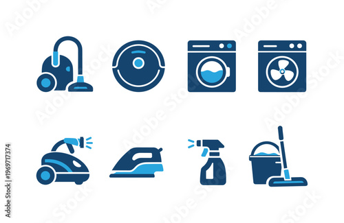 Set of household cleaning appliance icons including vacuum cleaner, robot vacuum, washing machines, steam cleaner, iron, spray bottle, mop and bucket