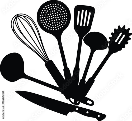 Various kitchen utensils in a stylish black and white illustration
