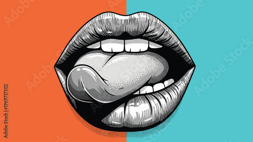 Stylized pop art illustration of human lips and tongue with halftone textures against a vibrant split color background.