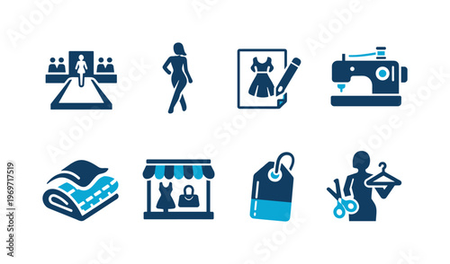 Set of fashion and clothing production icons showing runway model, pattern sketch, sewing machine, textile fabric, boutique shop, tag, and tailoring scissors
