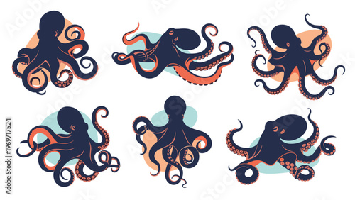 Decorative collection of octopus illustrations in various dynamic swimming poses with abstract colorful background shapes.