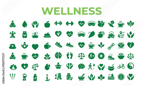 Collection of wellness lifestyle icons featuring health and balance concepts