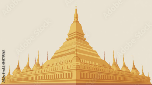 Golden temple structure with multiple spires and stupas on beige background ancient architecture illustration
