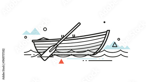 Minimalist line art illustration of a wooden rowboat on gentle waves with abstract geometric shapes in the background.