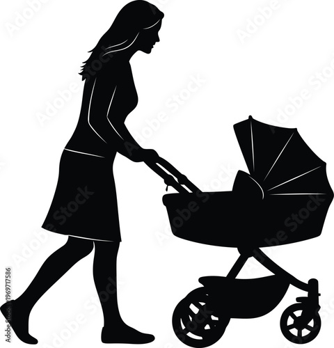 Silhouette of a woman pushing a stroller against a white background
