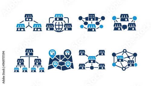 Set of franchise and retail network icons illustrating interconnected stores, distribution hubs, global expansion, organizational structure, and communication