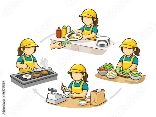 Food Service Process: A visual depiction of the step-by-step process of food preparation and service within a restaurant or food establishment.