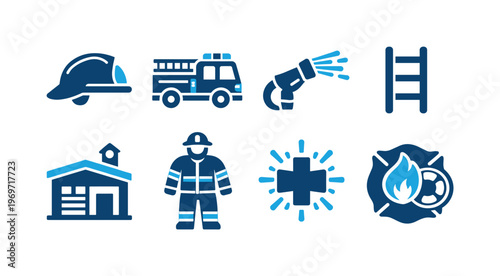 Set of fire safety and emergency response icons including helmet, firetruck, hose nozzle, ladder, station building, firefighter, siren, and flame