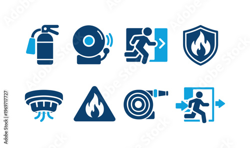 Set of fire safety and emergency evacuation icons featuring extinguisher, alarm siren, exit running figure, flame shield, smoke detector, warning sign, hose reel