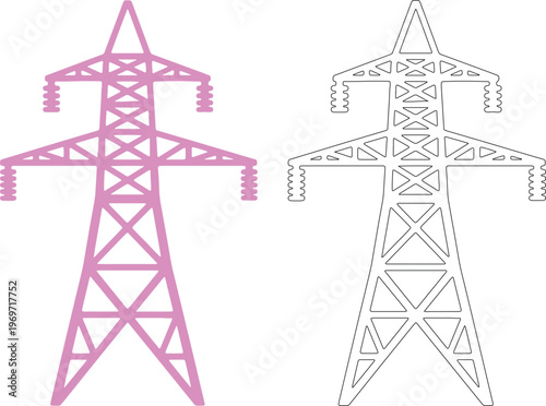 Solid black and pink silhouettes of power transmission towers