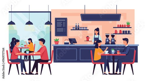 Flat vector illustration of a modern cafe interior with customers sitting at tables and a barista working behind the counter.