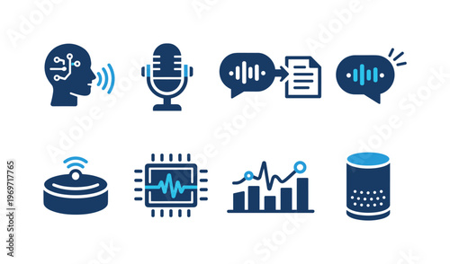 Set of voice assistant and speech technology icons showing microphone, speech recognition, audio transcription, smart speaker, AI processing, and analytics