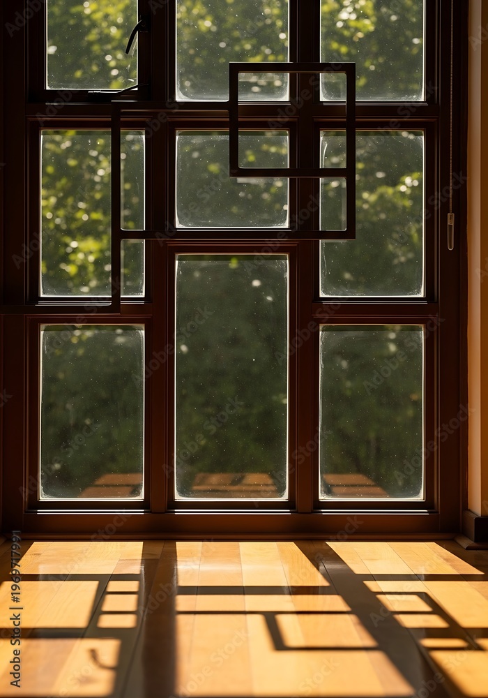 Fototapeta premium Window with a geometrical installation and sunlight on the wooden floor
