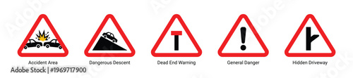 warning traffic signs set triangle red border road safety hazard symbol vector icons