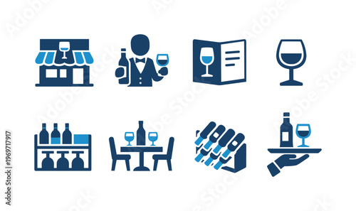 Set of blue wine service and hospitality icons including bartender, bottles, restaurant table, menu card, wineglass, shelf, and serving tray symbols