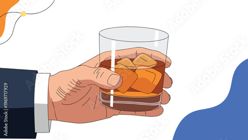 Close up illustration of a business person's hand holding a glass of whiskey on the rocks against a minimalist background.