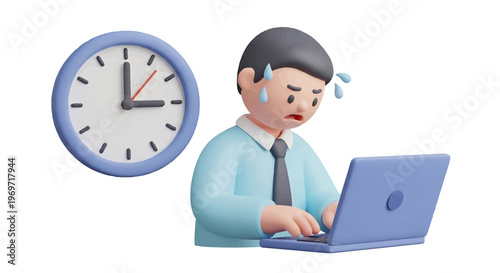 Stressed Businessman Working on Laptop with Clock Deadline Pressure.