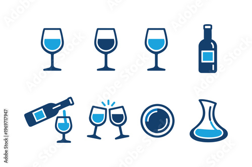 Minimal blue icon set of wine glasses, bottle, pouring drink, clinking toast, plate and decanter for beverage menu, bar, restaurant, or celebration