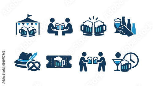 Set of flat blue icons showing beer festival tent, people clinking mugs, frothy pints, hands holding bottles, pretzel hat, ticket, and cocktail time