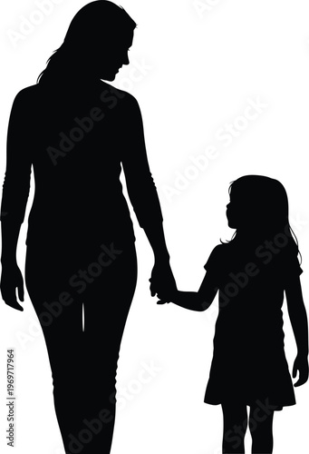 Silhouette of a woman and a child holding hands walking together