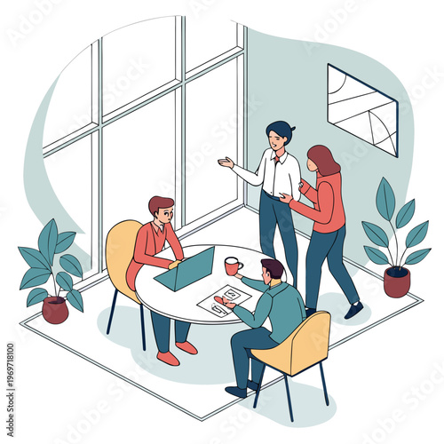 Four people having a meeting in a modern office space with plants