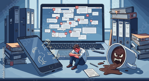 Stressed person overwhelmed by digital notifications and workload.