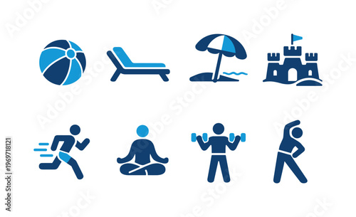 Set of blue summer leisure and fitness icons showing beach ball, sun lounger, umbrella, sandcastle, running, meditation, dumbbells, and walking