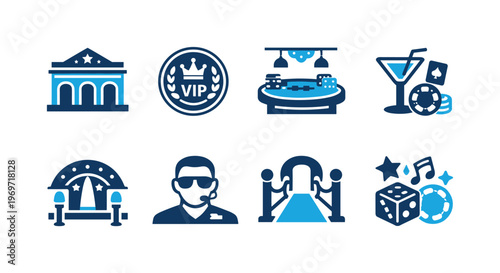 Casino entertainment icon set featuring VIP badge, poker table, roulette, cocktails, dice, security guard, red carpet entry, and casino facade