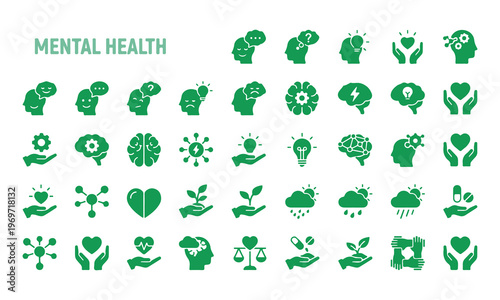 Collection of mental health awareness icons with brain and therapy symbols