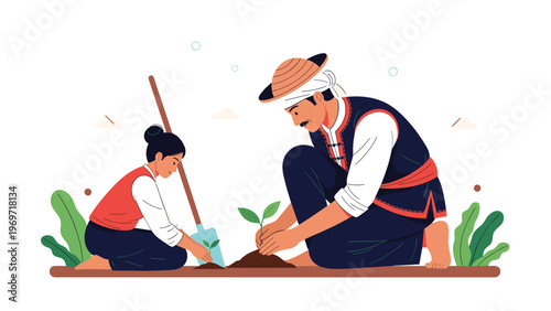 Community gardening illustration showing a man and a child working together to plant a young sapling in the soil.