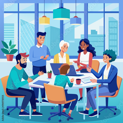 Diverse group of people having a meeting in a modern office setting