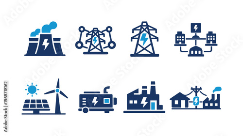 Set of blue energy and electricity icons showing power plant, transmission pylons, smart grid, solar panels, wind turbine, generator, factory, and home supply
