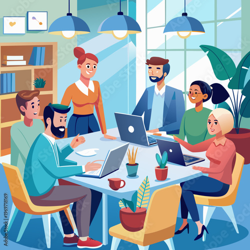 Diverse group of coworkers collaborating on laptops in a modern office setting