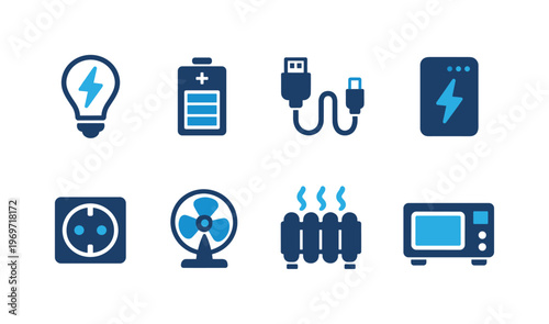 Set of flat energy and electricity icons showing light bulb, battery, charging cable, power bank, outlet, fan, radiator heater, and microwave appliance