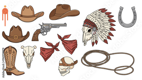 Diverse collection of wild west themed icons including cowboy hats, boots, a revolver, lasso, and indigenous headdress.