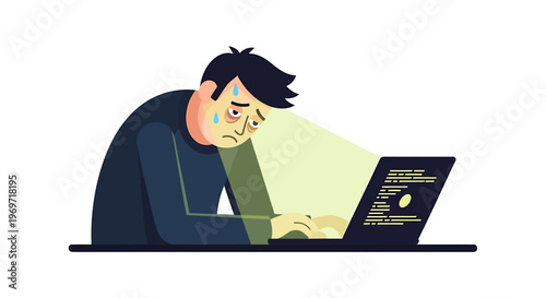 Tired Programmer Working Late on Laptop with Glowing Screen.