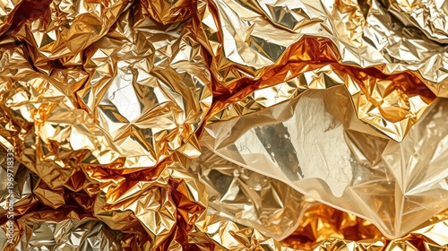 Wrinkled gold foil texture. Shiny surface reflects light creating abstract patterns. Metallic material appears crumpled, warm tones dominate image.