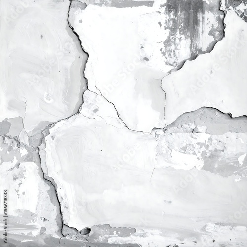A grayscale image of cracked and peeling plaster wall