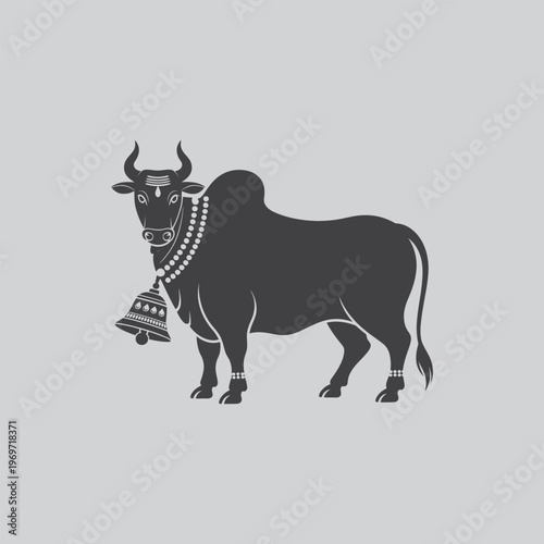 Zebu bull silhouette with decorative neckwear and bell with humped cattle